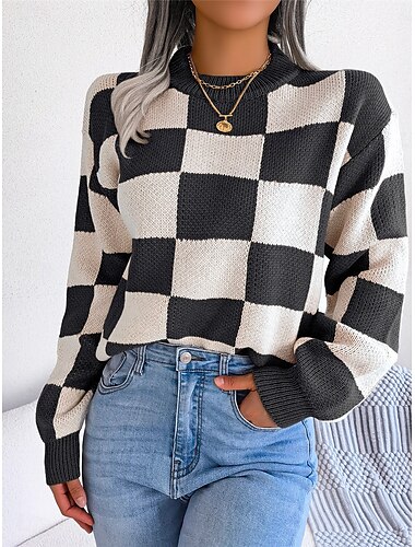  Damen Pullover Brautkleider schlicht Weich Plaid Gerippt Rundhalsausschnitt Strick Langarm Normale Oberteile Stricken Outdoor Täglich Wochenende Schwarz Wein Herbst Winter