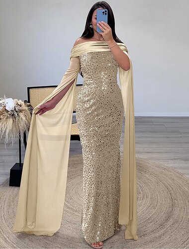  Sheath Abendkleid Pailletten Elegantes Kleid Formell Fußbodenlange Lange Ärmel Off-Shoulder Champagner Mutter der Braut Kleid mit Glitzer Schal Maskerade Kleid 2025