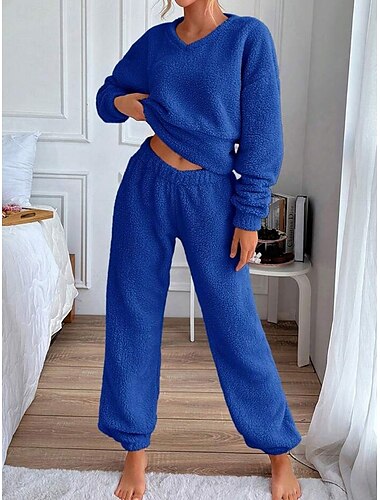  Damen-Pyjama-Set, 2-teilig, bedruckt, bequem, für den Alltag, warm, V-Ausschnitt, langärmelig, Pullover, Hose, Frühlings-/Herbst-Home-Outfits