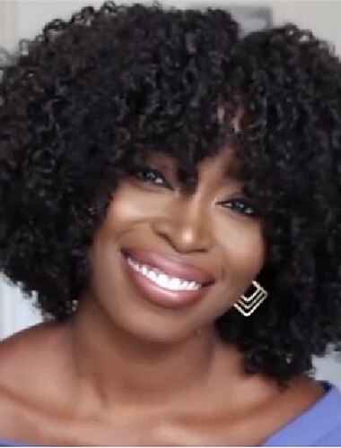  Pelucas rizadas para mujeres negras: peluca afro rizada con flequillo, cabello negro natural, pelucas sintéticas resistentes al calor