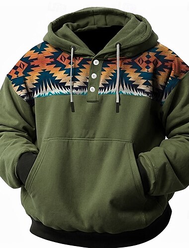  Męskie Folk Bluza z Kapturem Z kapturem Bluzy Bluza z Kapturem Długi rękaw Bluza z kapturem Kaptur Etniczne Druk 3D Sporty na świeżym powietrzu Streetwear Czerwonobrązowy Niebieski Kieszeń Druk 3D