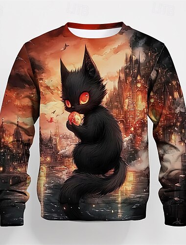  Jungen 3D Graphic Karikatur Katze T-Shirt Langarm Frühling Herbst Modisch Basic kinderkleidung 4-12 Jahre Rundhalsausschnitt Outdoor Casual Täglich Regular Fit
