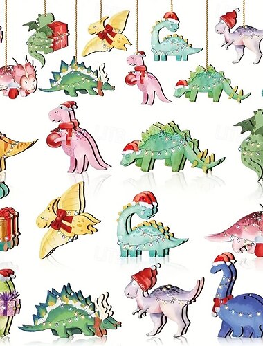  Set van 24 kerstversieringen in de vorm van dinosaurussen, multifunctionele houten hangende boomversieringen voor Thanksgiving, Halloween en algemene vakantiedecoratie, klassieke stijlen in