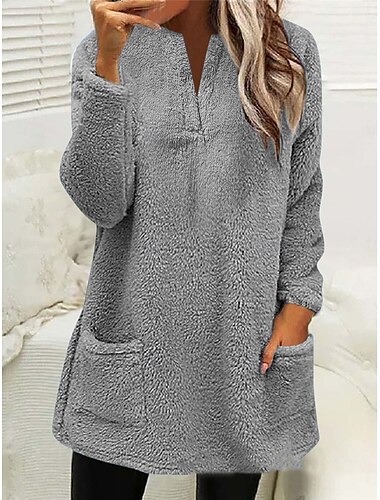  Damen Sweatshirt Casual Sherpa Uni Street Alltag Rundhals Tasche Langarm Rosa Beige Grau Herbst Winter