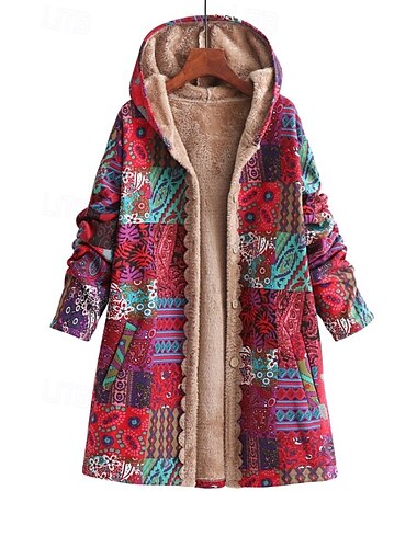  Women's Coat Outdoor Daily Wear Fall Winter Long Coat Loose Fit Thermal Warm Breathable Stylish Casual Jacket Long Sleeve Floral Leaf with Pockets Yellow Pink Blue