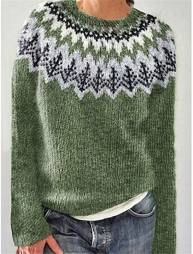  Per donna Felpa Pullover Maglione Informale Morbido Fantasia geometrica A coste Girocollo Lavorato a maglia Manica lunga Top regolari Maglia Esterno Giornaliero Fine settimana Nero Verde chiaro