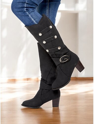  Botas femininas pretas de salto médio até o joelho – detalhes de botão estilosos e estilo de montaria western, perfeitas para roupas casuais de outono, caminhadas ao ar livre e looks inspirados no campo