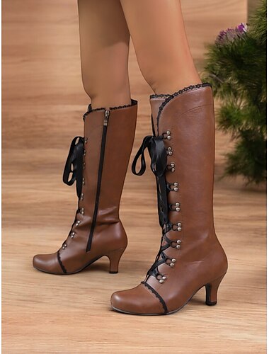  Grüne viktorianische Schnürstiefel für Damen – mittelhohe Retro-Lederstiefel mit schwarzem Spitzenbesatz und kleinem Absatz, perfekt für Cosplay, Partys und Outfits im Vintage-Stil