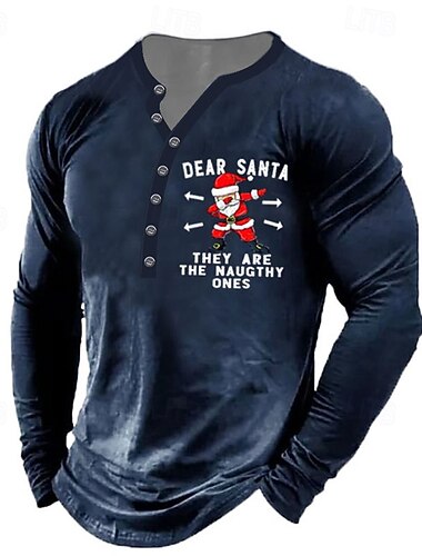  camiseta masculina de natal papai noel henley camiseta henley camiseta gráfica papai noel henley vinho preto verde exército azul marinho cinza impressão 3d ao ar livre manga longa botão para baixo