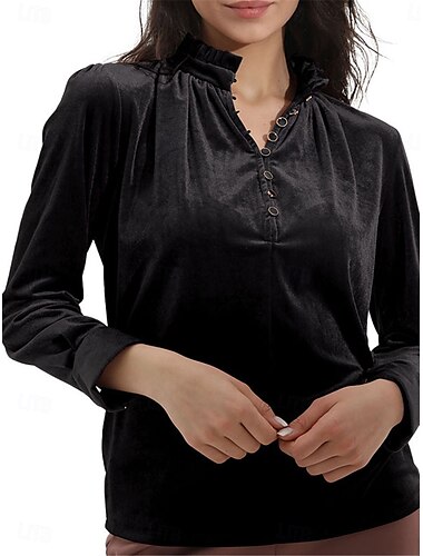  Damen Hemd Bluse Feste Farbe Brautkleider schlicht Langarm V Ausschnitt Normale Oberteile Täglich Knopf Schwarz Wein Orange Herbst Winter