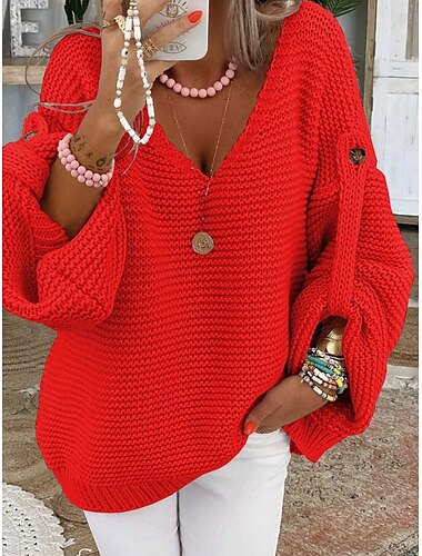  Damen Pullover Elegant Modisch Täglich Feste Farbe V Ausschnitt Strick Textur Langarm Normale Oberteile Stricken Arbeit Rosa Rote Herbst Winter