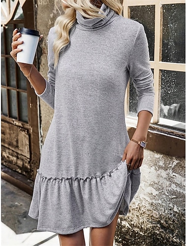  Mujer Vestido informal Mini vestido Dobladillo con volantes. Casual Cuello Alto Manga Larga Gris Color