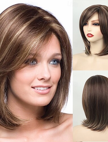  perruques synthétiques mi-longues, cheveux raides, brun foncé, longueur aux épaules, perruques de costume d'Halloween pour femmes