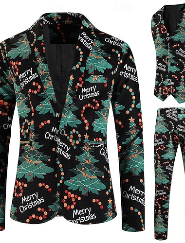  Katonai zöld Férfi Karácsony ruhák Nyomtatott 3 részes készlet Karácsony Szabott Egysoros egy gombos 2024