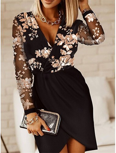  Damen Paillettenkleid Minikleid Pailletten Patchwork Brautkleider schlicht V Ausschnitt Langarm Schwarz Rosa Wein Farbe