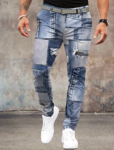  Herr Färgblock Lappverk Jeans Kostymbyxor Medium Midja Business Casual Formell Utomhus Vardag Dragkedja Ficka Sommar Vår Höst 3D-tryck Blå