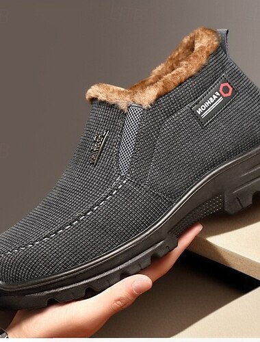  Schwarze warme Winter-Schlupfstiefeletten für Herren mit plüschigem Fellfutter, rutschfester Sohle und strukturiertem Stoff – bequemes Outdoor-Schuhwerk
