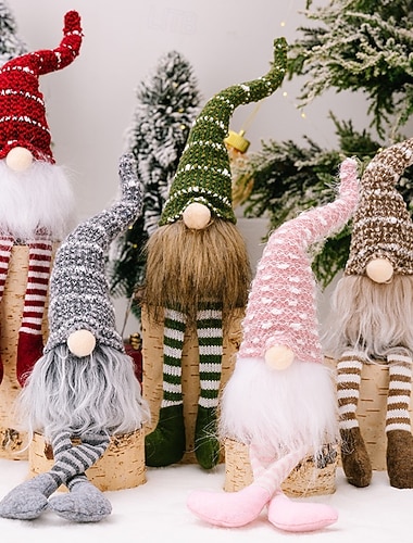  Décoration de figurine de gnome de Noël, bonnet tricoté rayé Rudolph jambes suspendues en peluche, ornement de gnome de poupée sans visage pour la décoration de la maison de vacances