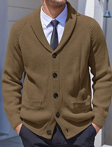  Herre Cardigan Sweater Strik sweater Rillet Strikke Normal Knap op Sidelommer Helfarve Knaphul Mode Klassisk Dagligdagstøj Stævnemøde Tøj Efterår vinter Sort Brun M L XL