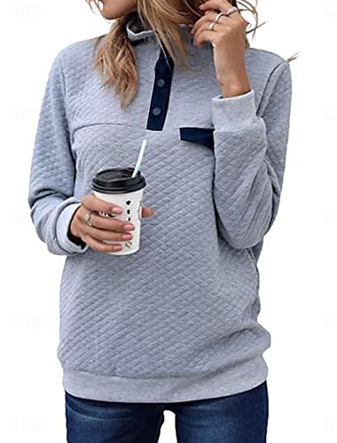  moletom feminino casual liso diário gola alta botões manga longa preto rosa cinza outono inverno