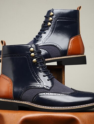  Herren-Stiefeletten im Vintage-Stil im Brogue-Stil – braunes und schwarzes Kunstleder mit Tweed-Einsatz, klassisches Schnürdesign für formelle und legere Anlässe, elegante Stiefel im Retro-Stil
