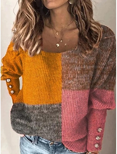  Mujer Pulóveres Suéter de punto Casual Suave Bloque de color Estriado Escote en Pico De Punto Manga Larga Tops regulares Tejer Exterior Diario Fin de semana Negro Arco Iris Otoño Invierno