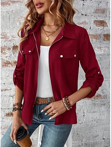  Damen Wintermantel Outdoor Strasse Freizeitskleidung Herbst Winter Kurz Mantel Regular Fit warm Atmungsaktiv Stilvoll Brautkleider schlicht Jacken Langarm Glatt Mit Taschen Full Zip Schwarz Wein
