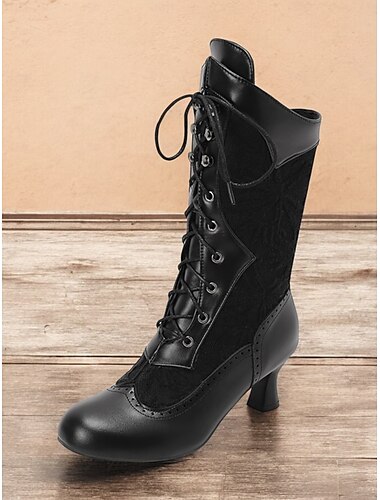  Damenstiefeletten im viktorianischen Stil mit Schnürung und halbhoher Schafthöhe, Vintage-Spitzendesign und Akzenten aus Kunstleder – Retro-Stil für Cosplay, formelle Anlässe und den Alltag