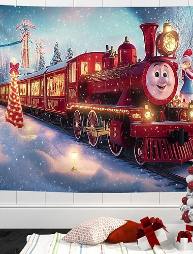  クリスマス デコレーション クリスマス トレイン 吊り下げタペストリー 壁アート 大型タペストリー 壁画 装飾 写真 背景 ブランケット カーテン 自宅 寝室 リビングルーム デコレーション