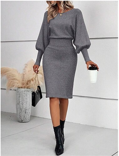  Damen Pullover Kleid Brautkleider schlicht Weich Einfarbig Gerippt Rundhalsausschnitt Strick Langarm Lange Oberteile Stricken Outdoor Täglich Wochenende Schwarz Fuchsie Herbst Winter