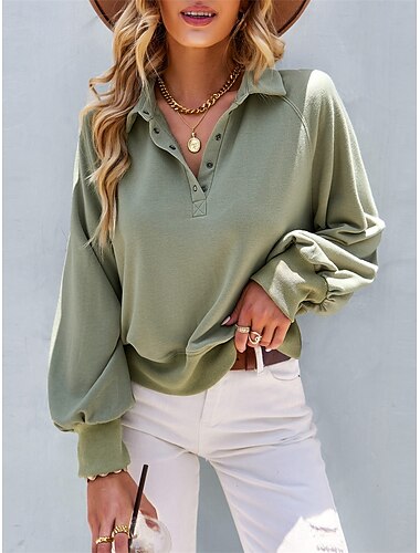  Sweatshirt Damen Casual Unifarben Street Alltag Rollkragen Knöpfe Langarm Rosa Grün Beige Herbst Winter