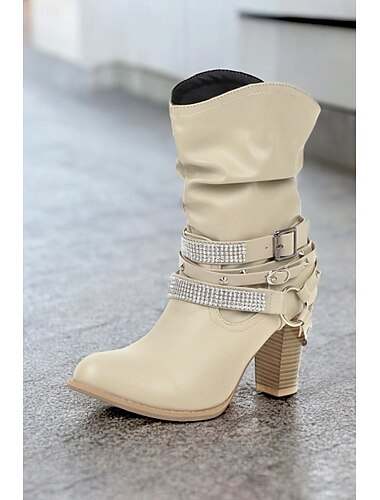  braune, lässige Stiefel mit halbhoher Sohle und Nietenriemen sowie Strassverzierungen für Damen – High Heel im Westernstil für Partys und die Freizeit