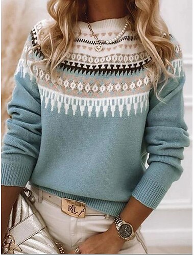 Mujer Pulóveres Suéter de punto Casual Suave Geométrico Bloque de color Estriado Cuello Barco De Punto Manga Larga Tops regulares Tejer Exterior Diario Fin de semana Rosa Azul Piscina Otoño Invierno