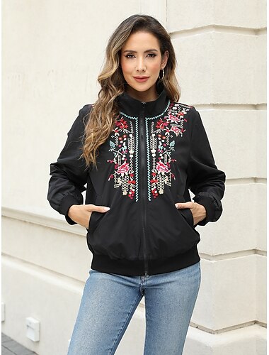  Femme Veste Blouson Trench Ecole Brodée Floral Coupe Vent Mode Standard Vêtements d'extérieur manche longue Automne Noir S