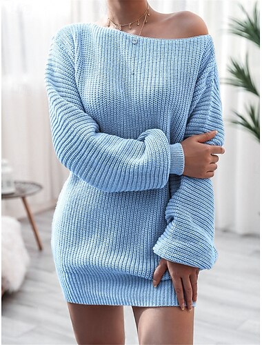 Damen Pullover Kleid Brautkleider schlicht Weich Einfarbig Gerippt Bateau Strick Langarm Lange Oberteile Stricken Outdoor Täglich Wochenende Rosa Blau Herbst Winter