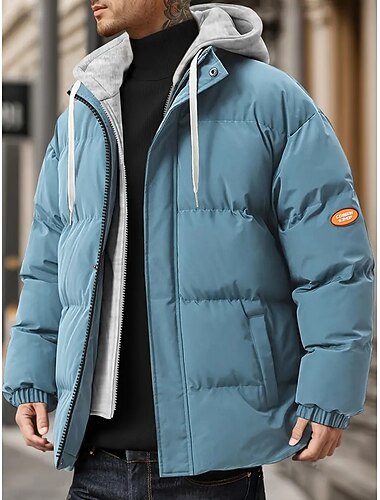  Herren Winterjacke puffer jacket Gepolstert Mit Kapuze gefälschtes zweiteiliges Polyester Tasche Sports Outdoor Standard Modisch Brautkleider schlicht warm Windundurchlässig Winter Glatt Schwarz Blau