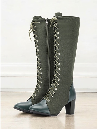  Botas victorianas vintage con cordones hasta la rodilla para mujer: ante y cuero verdes, cremallera lateral y tacón grueso: estilo retro elegante para ocasiones especiales