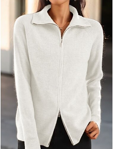  Damenpullover Strickjacke Pullover Jacke Hemdkragen Strick Polyester Reißverschluss gestrickt Frühling Herbst Zuhause Alltag Wochenende Alltag Freizeit weich Langarm reine Farbe Weinrot Schwarz