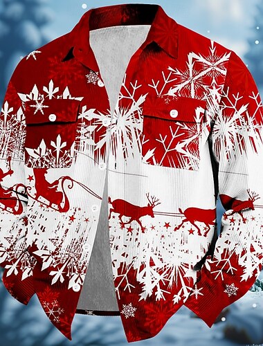 Jul Herre Snøfnugg Skjorte Kordfløyel skjorte Skjorte jakke Langermet Fashion Casual Gate Hverdag Høst vinter Aftæpning Skjorter med krage Knapper 3D-utskrift 2 lommer 1 stk Lys Rød Rød Blå Lilla