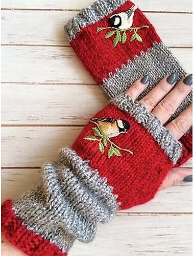  handgestrickte fingerlose Handschuhe mit Vogelstickerei - kuschelige Winterhandschuhe für Damen, warme Armstulpen aus gestrickter Wolle