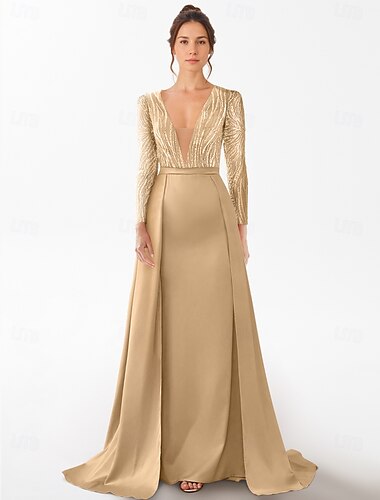  A-Linie Abendkleid Elegantes Kleid Formelles Bodenlänge 3/4-Ärmel V-Ausschnitt Tasche Satin mit Strass Glitzer 2025