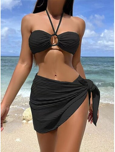  Femme Maillots de Bain Bikinis Trois pièces Jupe Maillot de bain Dos Nu Mince Vacances Tenues de plage Couleur unie Dos nu Sans Manches Maillots de bain