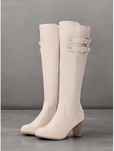  bottes chics au genou pour femmes de couleur crème – design élégant avec détail à double boucle et talon bloc, parfaites pour la mode d'automne et d'hiver