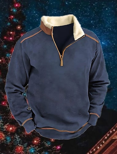 Hombre Sudadera Sudadera con un cuarto de cremallera Azul Piscina Cuello Mao Bloque de color Retazos Deporte Diario Festivos Vintage Casual Vellón fino Otoño invierno Ropa Sudaderas con capucha