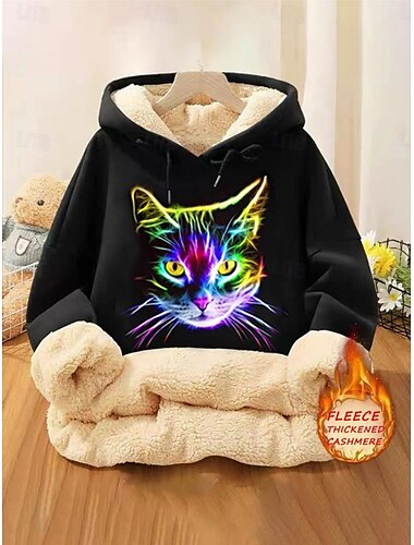  Sudadera con capucha para mujer, forro polar, con estampado de gato, para uso diario, con bolsillos, informal, manga larga, microelástica, para otoño e invierno, cómoda, transpirable, tejido suave