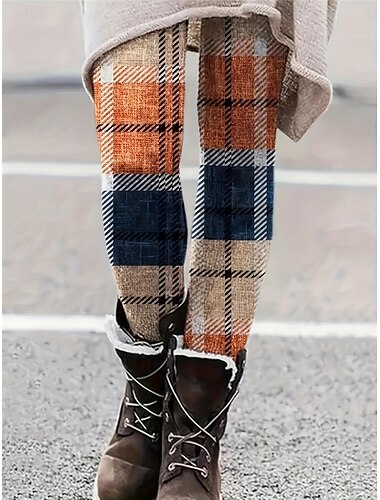  Kvinnors leggings byxor mode streetwear Hela längden Hög midja Rutig tryck termisk varm andningsbar mjuk mikroelastisk utomhus daglig gul höst vinter vanlig passform