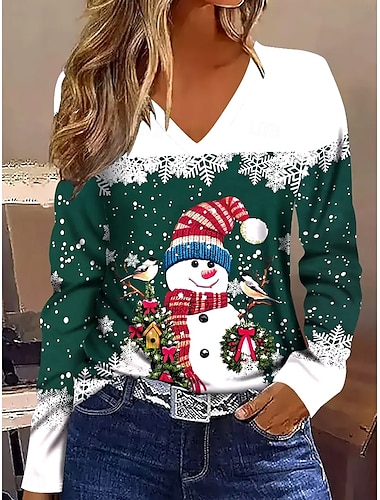  تي شيرت نسائي بمناسبة عيد الميلاد مزينة برسم رجل ثلج ياقة على شكل V بأكمام طويلة عادية شتوية احتفالية باللون الأخضر مقاس مريح