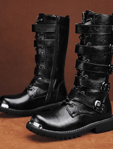  bottes de moto steampunk noires pour hommes avec sangles à boucle et semelle antidérapante robuste - idéales pour la mode motard ou les événements gothiques