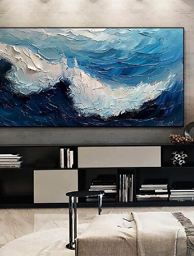  手作りの 3D 海の油絵、手作りの壁アート、キャンバスに描かれた青い巨大な波の油絵、手描きの海の波の 3D テクスチャ抽象画、リビングルームの寝室用のビーチの風景の空の油絵