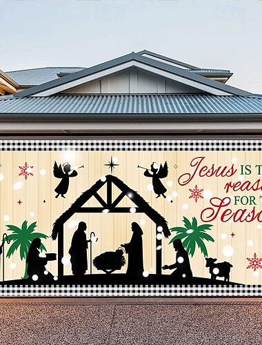  קישוטי דלת חג המולד כיסוי דלת מוסך חיצונית סצנת מולד באנר בית חווה גדול חג המולד רקע לחג דלת מוסך חיצונית קישוטי קיר לבית